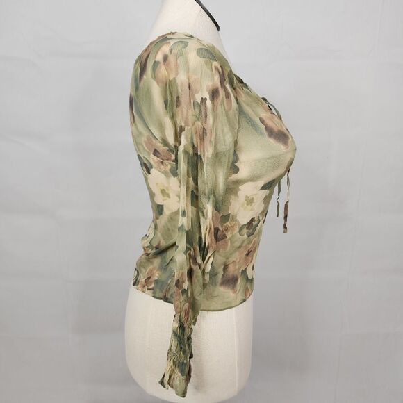 Vintage Kenneth Jay Lane Green Silk Sheer Floral Blouse Sz M - Picture 5 of 9
